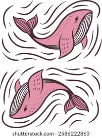 Whimsical Pink Whale Illustration with Soft Ocean Waves