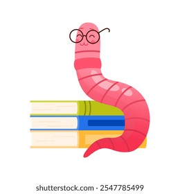 A whimsical pink worm with glasses sits on colorful books, symbolizing knowledge and the joy of learning