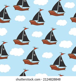 Whimsical Pirate Adventure: Seamless pattern with a hand-drawn vector of a pirate ship amidst clouds on a blue background. Perfect for creating captivating designs with a touch of adventure.