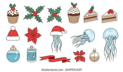 Whimsical pixel art collection featuring festive christmas treats marine life and decorative elements