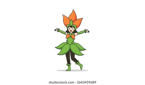 A Whimsical Pixel Art Illustration of a Woman Dressed in a Colorful Flower Costume