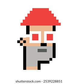 Whimsical pixel art NFT character with a red hat, bold red glasses, and gray outfit, exuding retro, mysterious charm. Ideal for gaming and digital art.