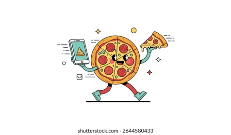 Whimsical pizza delivery vector design with cartoon character and box of pizza