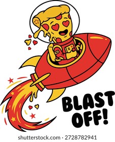Whimsical Pizza Slice Astronaut Exploring Space with Rocket Valentine Cartoon Illustration full Customizable design. isolated on transparent background