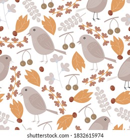 Whimsical plants, berries and birds seamless pattern design