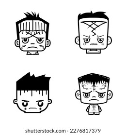 Whimsical and playful Hand drawn collection set of cute anime Frankenstein heads, showcasing the lovable side of this iconic monster