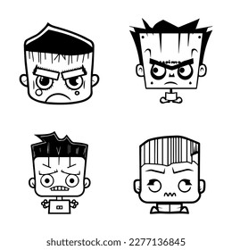 Whimsical and playful Hand drawn collection set of cute anime Frankenstein heads, showcasing the lovable side of this iconic monster