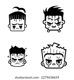 Whimsical and playful Hand drawn collection set of cute anime Frankenstein heads, showcasing the lovable side of this iconic monster