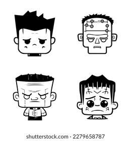 Whimsical and playful Hand drawn collection set of cute anime Frankenstein heads, showcasing the lovable side of this iconic monster