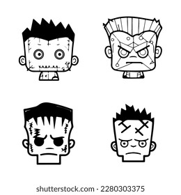 Whimsical and playful Hand drawn collection set of cute anime Frankenstein heads, showcasing the lovable side of this iconic monster