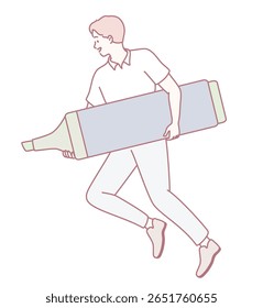 A whimsical and playful illustration depicting a person full of energy joyfully carrying a large crayon
