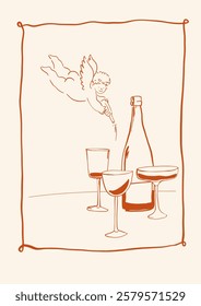 A whimsical and playful illustration features an angelic figure pouring wine. The text reads, 'MORE WINE PLEASE.' A table is elegantly set with plates, glasses, and a shining candle, creating a warm a