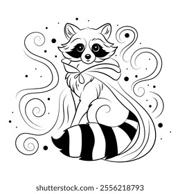 A whimsical and playful line art depiction of a raccoon wearing a cloak, combining charm and mystery in a minimalist style.