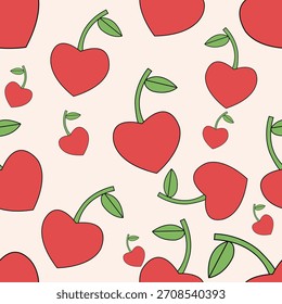 Un patrón caprichoso y juguetón sin fisuras con cerezas rojas en forma de corazón con subgrupos verdes y hojas sobre un fondo claro.