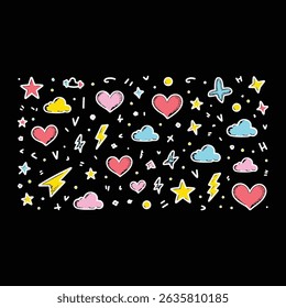 Whimsical and playful, this vector illustration features a charming, hand-drawn doodle pattern against a sleek black background. The design showcases a collection of cute hearts, stars, clouds