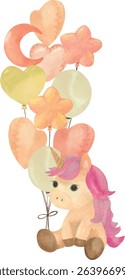 Whimsical plush unicorn with colorful balloons — perfect for magical baby shower cards, nursery decor, and celebration invites.