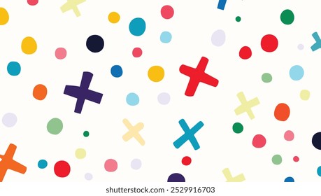 Whimsical Polka Plus Design Randomly spaced small plus signs mixed with dots of various colors for a fun, playful twist on traditional polka dots. Great for kids' decor or playful pattern