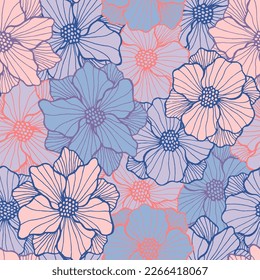 Whimsical poppy bloom seamless sample. Organic floral background. Poppy blossom with striped petals. Tablecloth print. Garden flower spring repeating design nature motif.