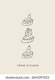 Whimsical postcard with Spanish Tapas. Hand Drawn Appetizers and Finger Food. Vector sketchy line art for wall decor, card, cover, social media, ads, print, menu design.