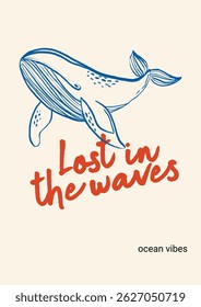 Whimsical poster featuring a hand-drawn whale. The design captures serene ocean vibes, perfect for beach wall art, cards, and coastal decor. The chalky doodle style