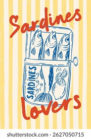 Whimsical poster a hand-drawn sardine in doodle sketch style, Mediterranean summer vacation vibes. The design of coastal life, perfect for wall art, poster or placard in chalk charcoal style drawings.
