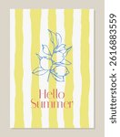 Whimsical poster with lemons. Hello summer poster with lemons and yellow striped background. Mediterranean hand drawn coastal vector illustration for card, poster, invitation. Italian dolce vita style