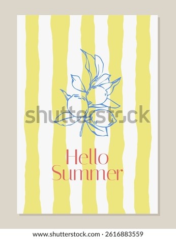 Whimsical poster with lemons. Hello summer poster with lemons and yellow striped background. Mediterranean hand drawn coastal vector illustration for card, poster, invitation. Italian dolce vita style