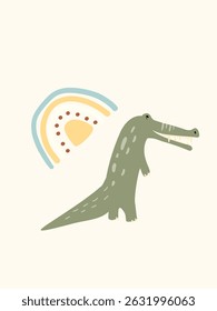 Whimsical poster showcasing a cheerful crocodile with a vibrant sun and rainbow, perfect for an Africa-themed room.