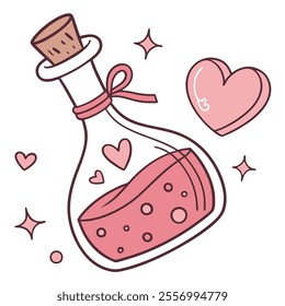 A whimsical potion bottle filled with pink liquid and hearts.