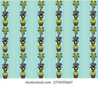 Whimsical Potted Cactus Striped Pattern