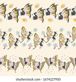 Whimsical Pretty Fairies Vector Seamless Horizontal Borders Set