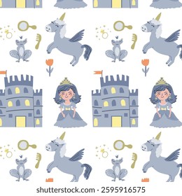 Whimsical princess and castle pattern for children's designs.