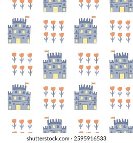 Whimsical princess castle and tulip pattern for children's design projects.