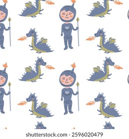 Whimsical princess and dragon pattern for kids' room decor.