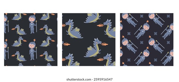 Whimsical princess patterns with knights and dragons for children's design and fabric crafts.
