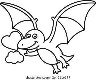 Whimsical Pterodactyl Delivering Love Black and White Illustration of a Cheerful Cartoon Pterodactyl Holding a Heart and Cloud for a Charming and Playful Design