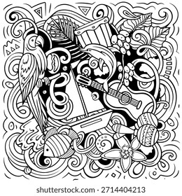 Vetor caprichoso doodle porto-riquenho com barco à vela, lagarto, abacaxi, peixe e natureza tropical. Ideal para o ecoturismo, materiais de viagem ou marca do Caribe