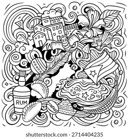 Whimsical Puerto Rican doodle vector with sailing boat, lizard, pineapple, fish, and tropical nature. Ideal for eco-tourism, travel materials, or Caribbean branding