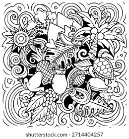 Puerto-ricanischer Doodle-Vektor mit Segelboot, Eidechse, Ananas, Fisch und tropischer Natur. Ideal für Ökotourismus, Reisematerial oder karibisches Branding