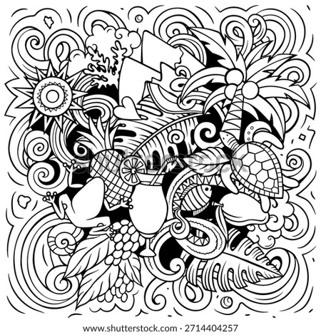 Whimsical Puerto Rican doodle vector with sailing boat, lizard, pineapple, fish, and tropical nature. Ideal for eco-tourism, travel materials, or Caribbean branding
