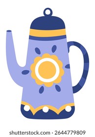 Whimsical purple coffee pot featuring a cheerful yellow flower design and decorative elements, adding bohemian charm and personality to any kitchen or coffee station