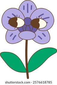 whimsical purple flower with large eyes and green leaves, exuding charm
