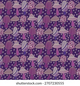 Whimsical Purple Mushroom Pattern Cute Hand Drawn Seamless Textile Design