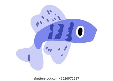 Whimsical Purple Striped Fish Illustration. Cartoon-style blue-purple fish with large eye and stylized stripes. Clean flat drawing with bold shapes and playful look, isolated on white background.