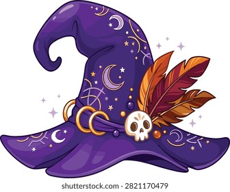 Whimsical purple witch hat vector illustration featuring celestial gold moon and star patterns brown feathers and skull on a white background