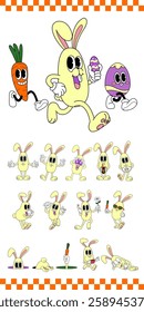 Whimsical rabbit bunny Easter funny cartoon retro style hand-drawn animation illustration