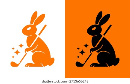 Whimsical rabbit character swinging a golf club with sparkles on contrasting backgrounds