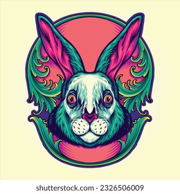 Whimsical rabbit head in antique engraved frame vector illustrations for your work logo, merchandise t-shirt, stickers and label designs, poster, greeting cards advertising business company or brands