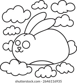 Coelho caprichoso no céu Uma página de coloração alegre com um coelho bonito cercado por nuvens fofas e atividade criativa ideal para todas as idades