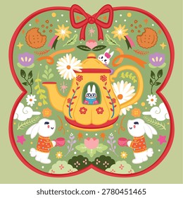 Whimsical Rabbit Tea Party Illustration With Teapot House Flowers And Cookies